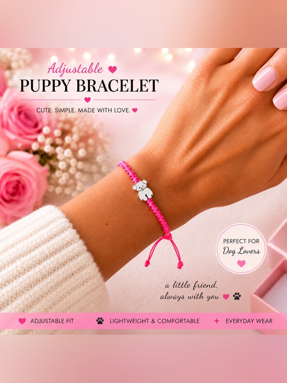 Silver Puppy Neon pink String Bracelet Adjustable Lucky Friendship Bracelet 💗